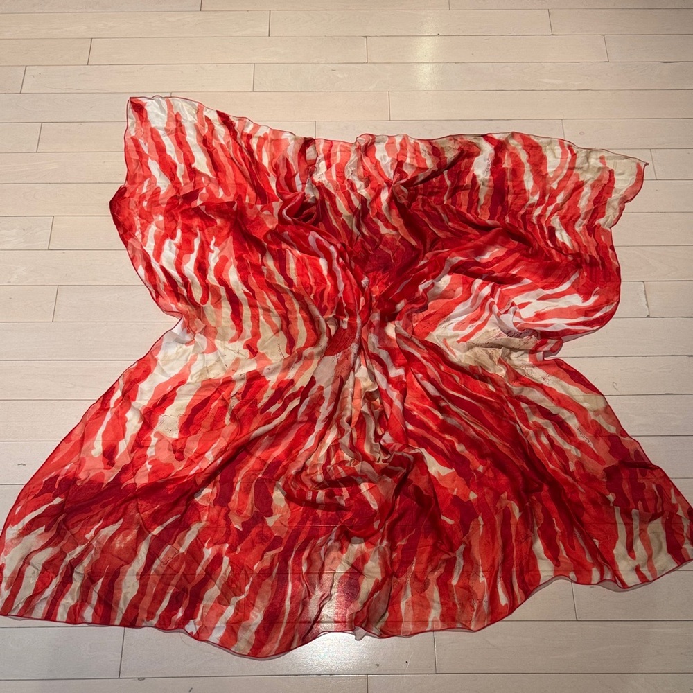 Roberto Cavalli Red and White Zebra Print Silk Sheer Scarf Shawl Wrap